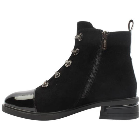 Loretta Vitale C3896 Women's Black Suede Patent Toe Laced Ankle Boots
